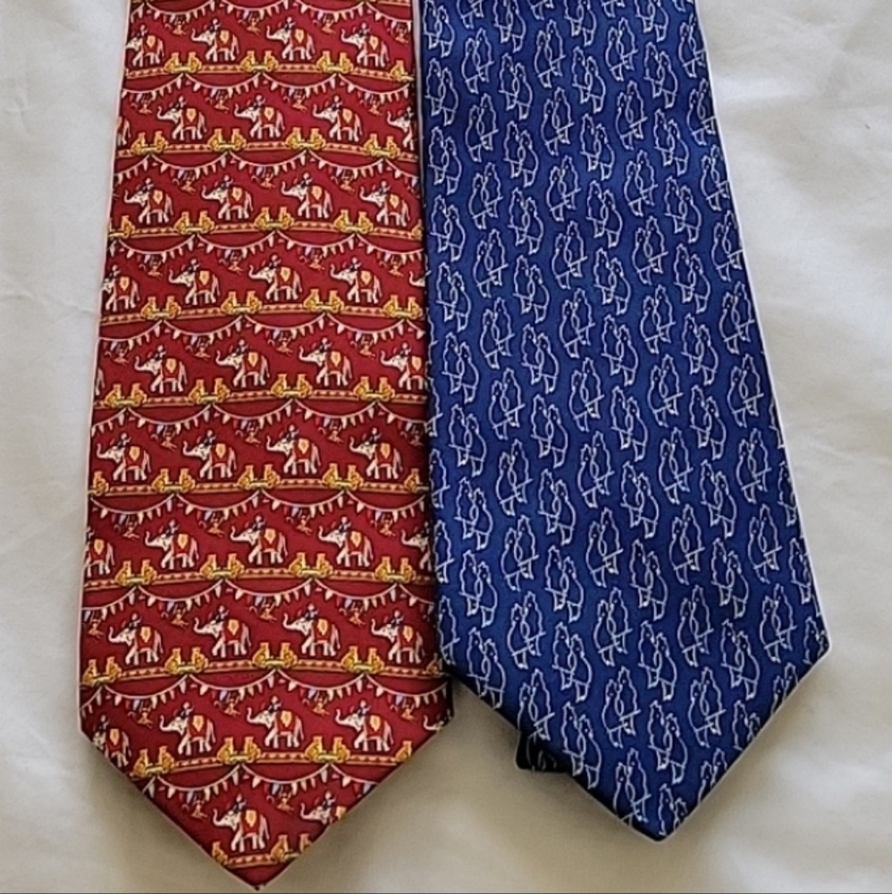 Two Ferragamo Silk Circus Elephant and Parrot Ties $420